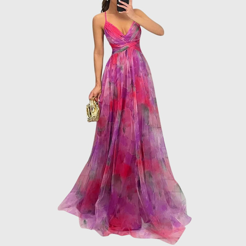 Floral V-Neck Spaghetti Strap Tulle High Split Maxi Gown 8