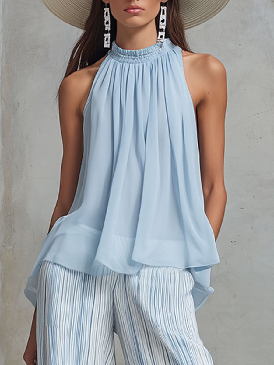 Halter Neck Layered Top and Wide Leg Pants Two Piece Set 8