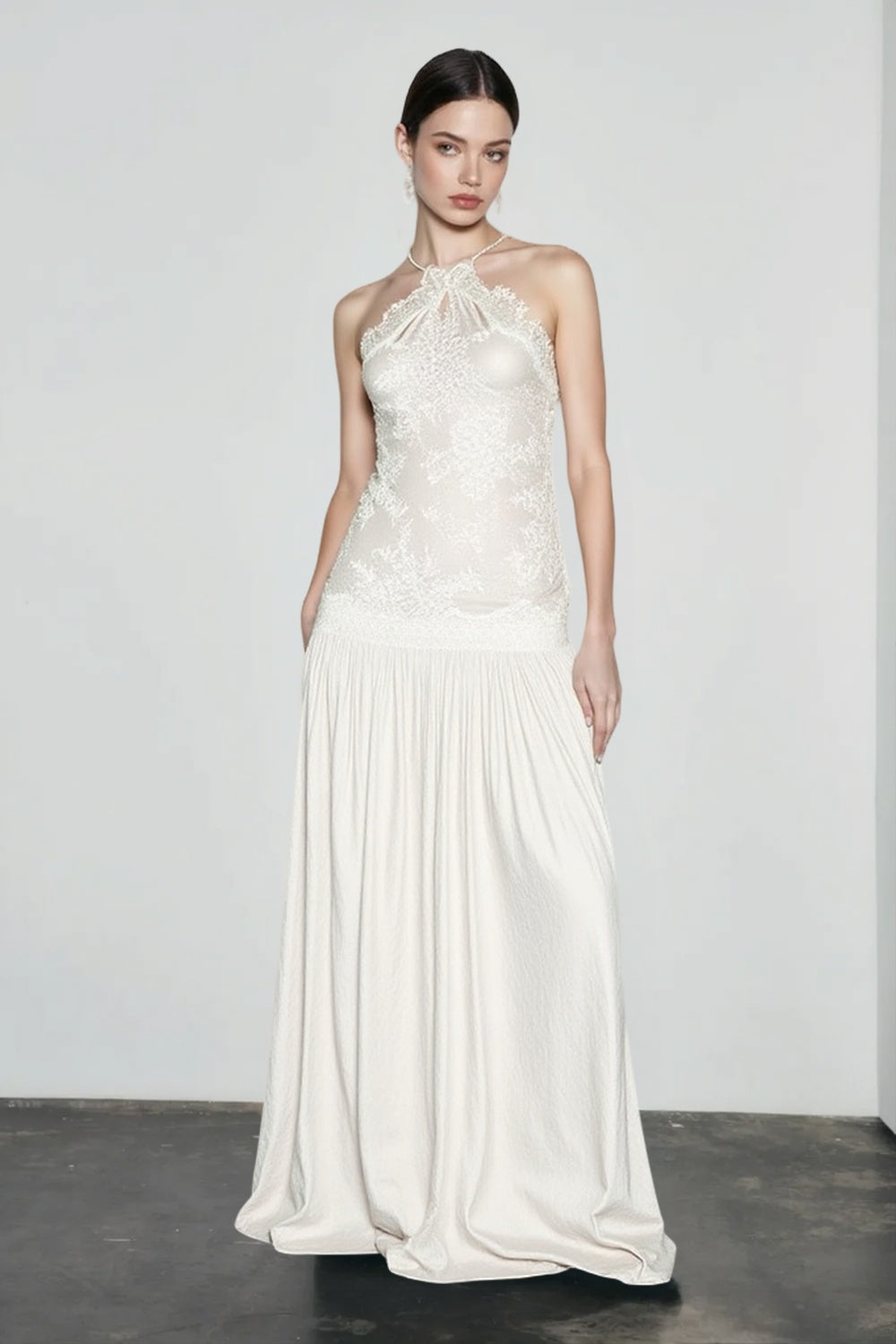 Halter Neck Floral Lace Backless Dropped Waist Maxi Dress