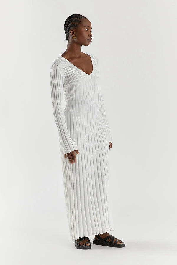 Rib Knit V-Neck Lettuce Hem Long Sleeve Bodycon Maxi Dress - View 2