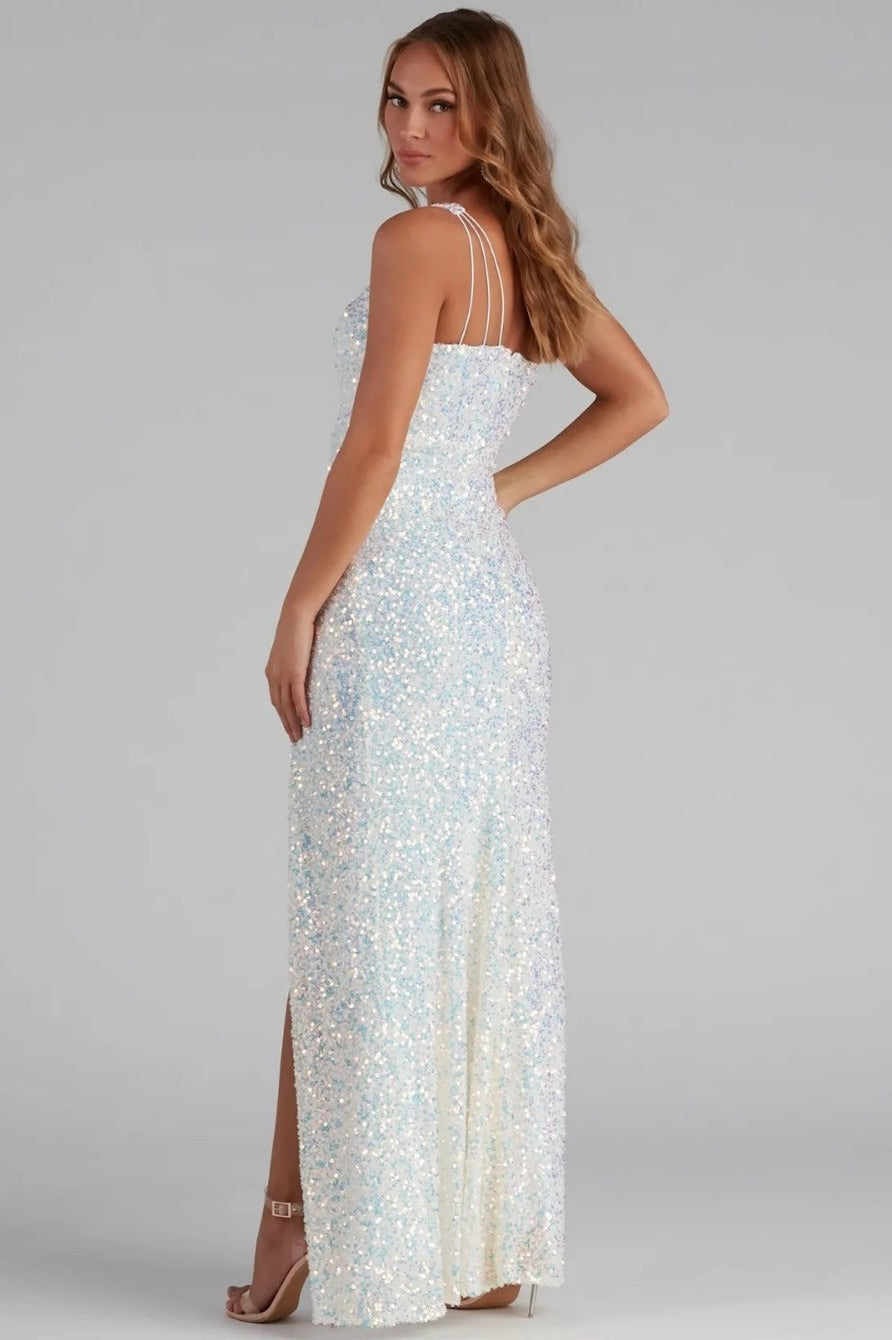 Sequin One Shoulder Pearl Beaded High Split Mermaid Gown - View 5