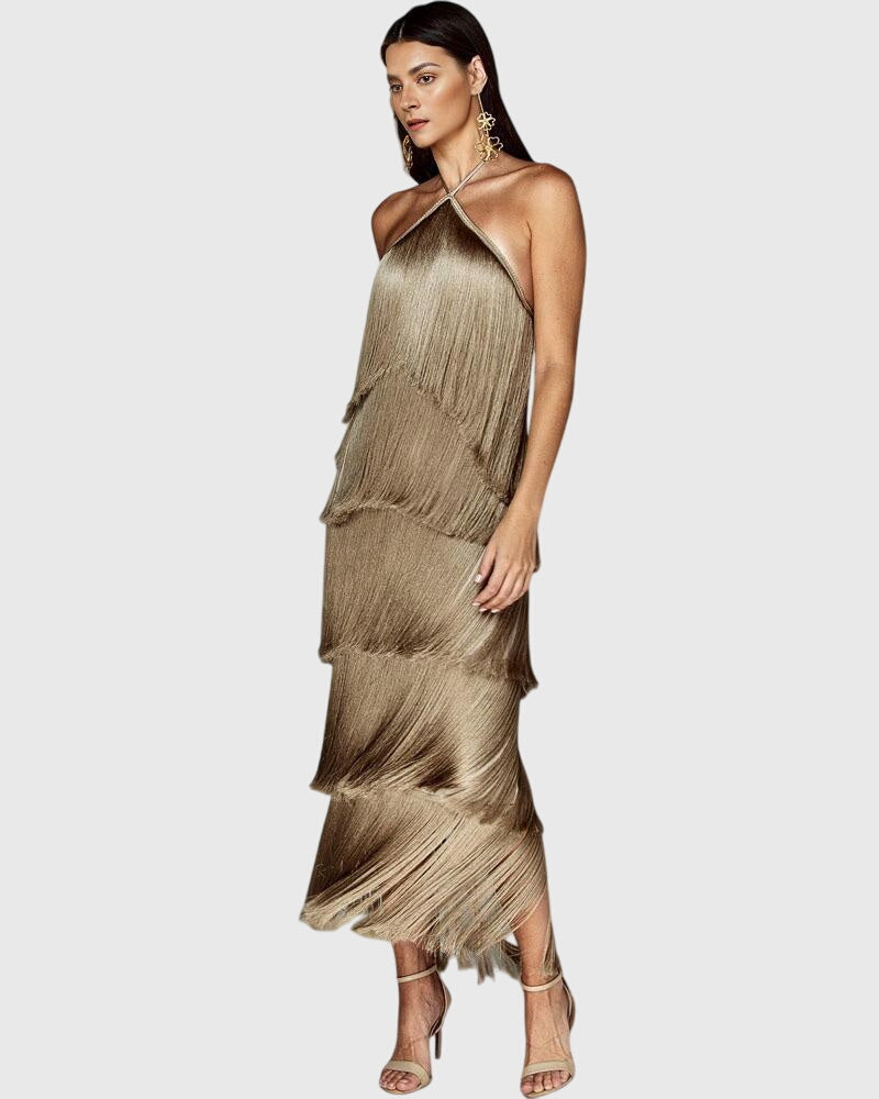 Halter Neck Tiered Fringe Maxi Dress 6