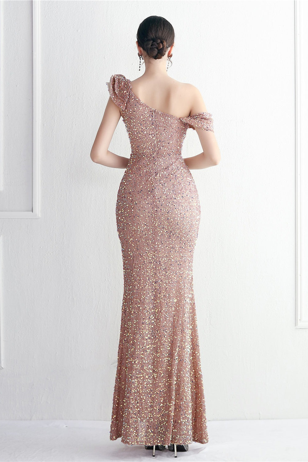 Sequin One Shoulder Ruffle High Split Mermaid Gown - View 24