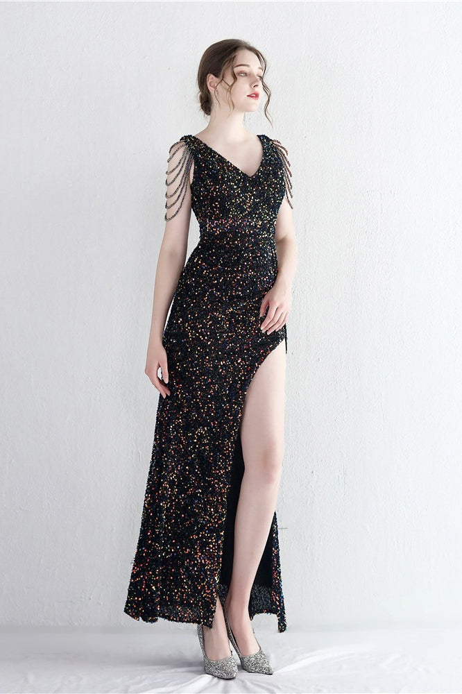 Sequin V-Neck Beaded Fringe High Split Mermaid Gown - View 4