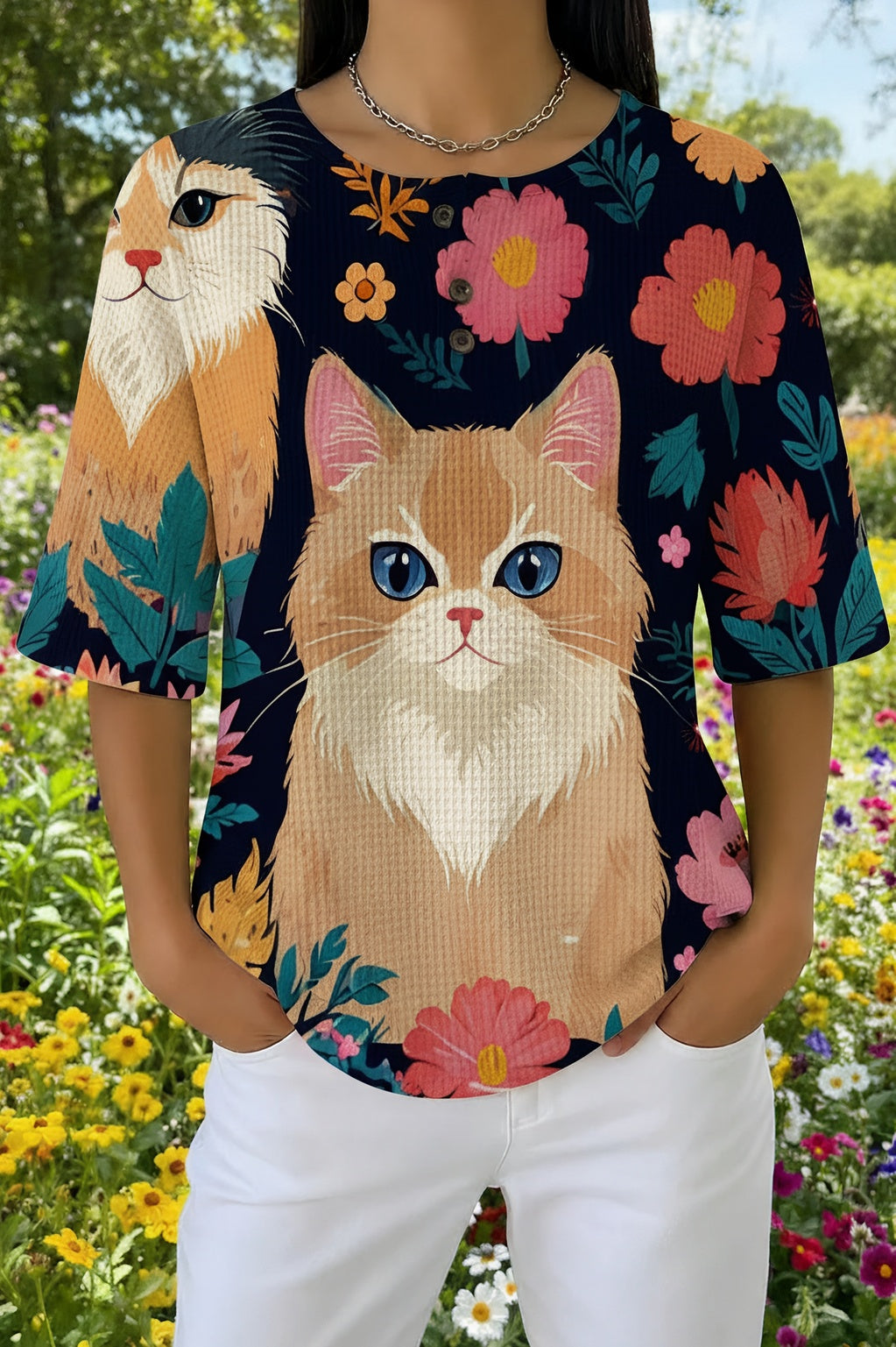 Cat and Floral Print Round Neck Half Sleeve Waffle Top