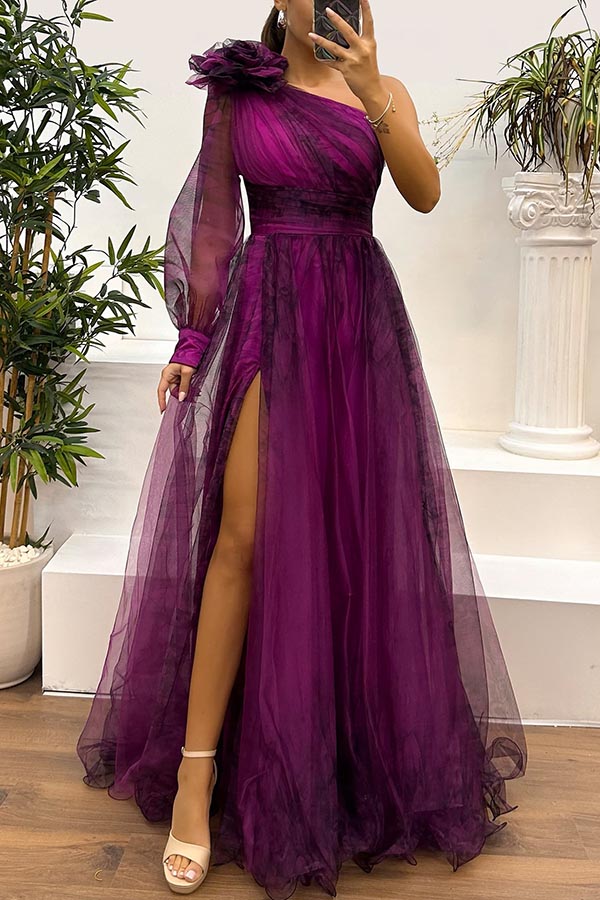 Tulle Off Shoulder Asymmetrical One Sleeve Maxi Dress - View 5