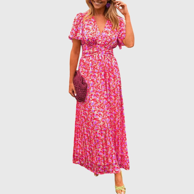 Floral V-Neck Flutter Sleeve Ruched Waist Maxi Dress 7