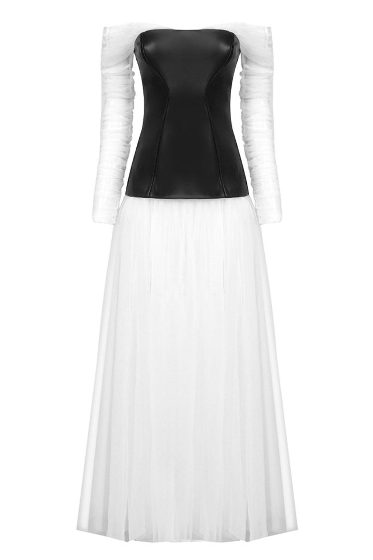 Fairy Off Shoulder Black White Faux Evening Maxi Dress - White - View 6