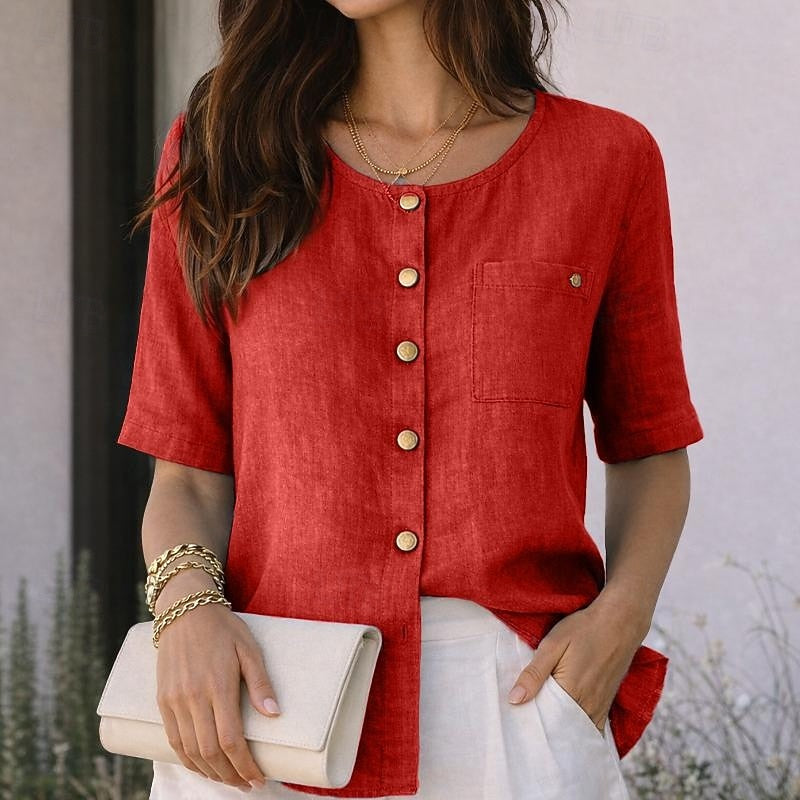 Round Neck Short Sleeve Button Front Blouse 6