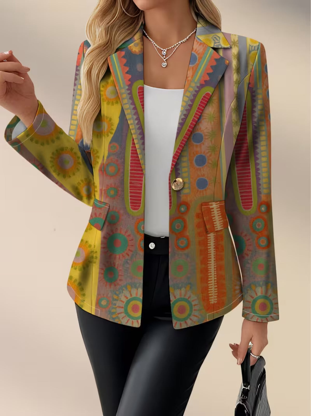 Medallion Print Notch Lapel Open Front Cropped Blazer 2