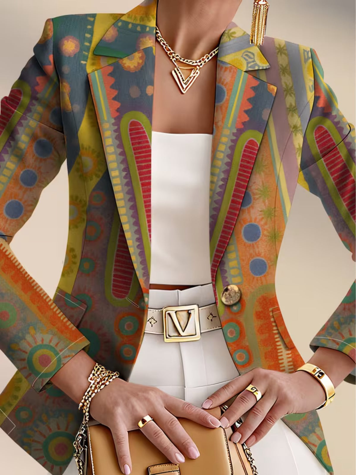 Medallion Print Notch Lapel Open Front Cropped Blazer 6