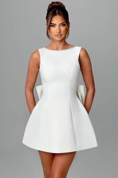 Pearl Trim Boat Neck Bow Back Fit and Flare Mini Dress - View 6