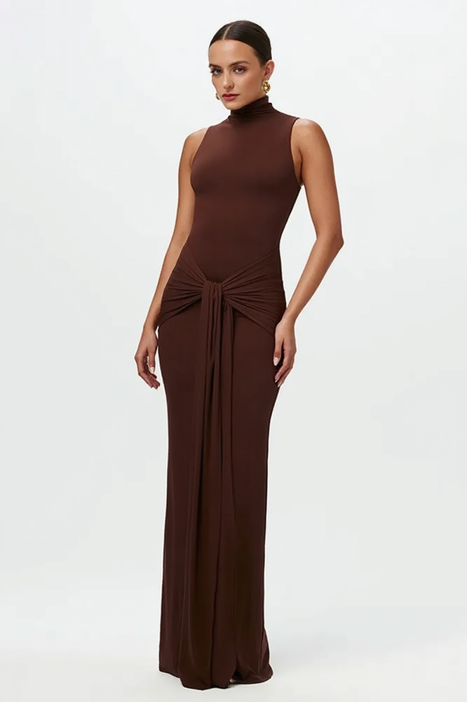 Crew Neck Sleeveless Tie Waist High Split Bodycon Maxi Dress - View 2