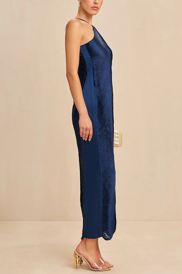 Sexy Allnight Metallic Halterneck Backless Fringed Slit Maxi Dress - View 12
