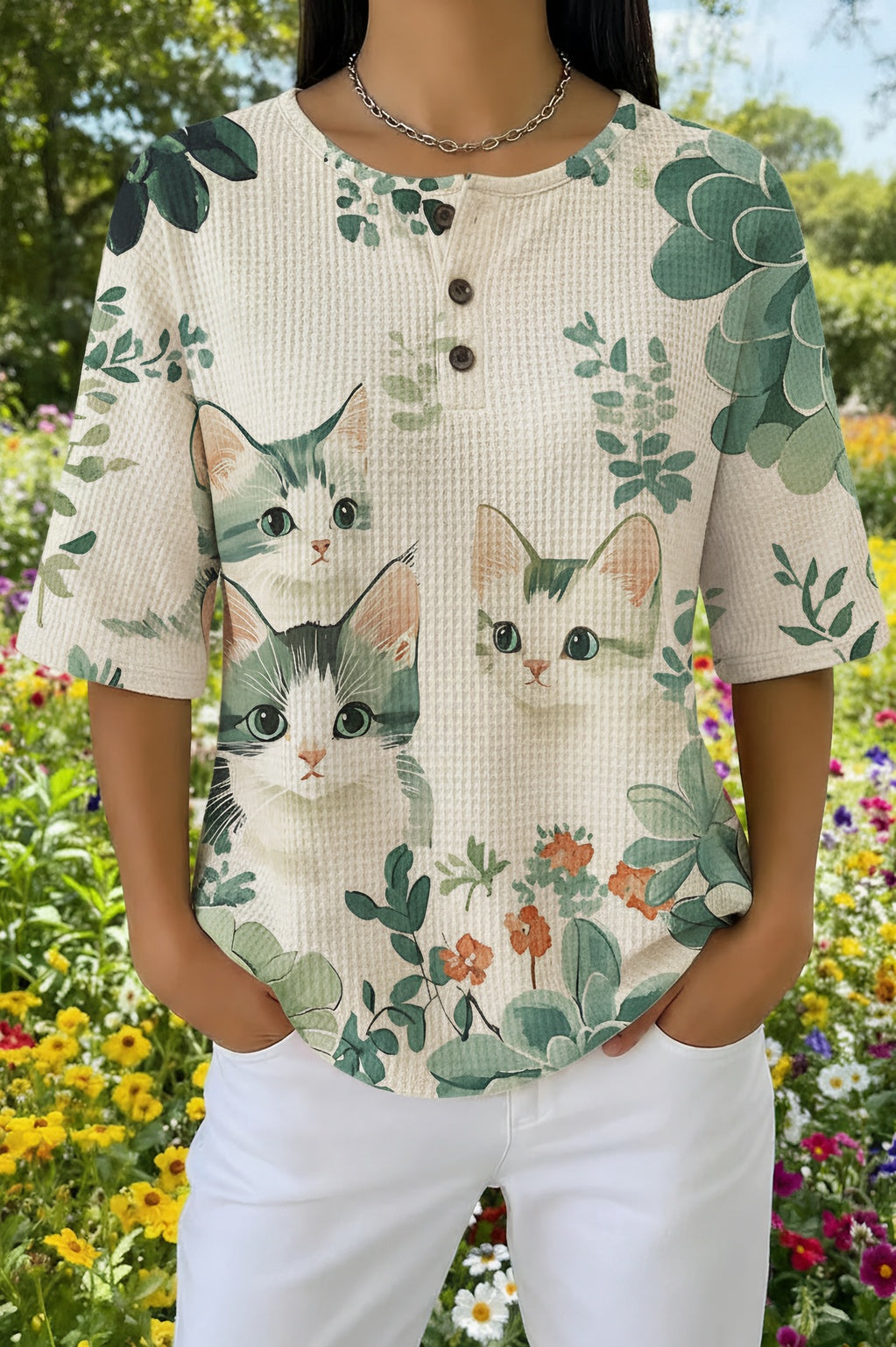 Cat Print Waffle Knit Button Placket Short Sleeve Top