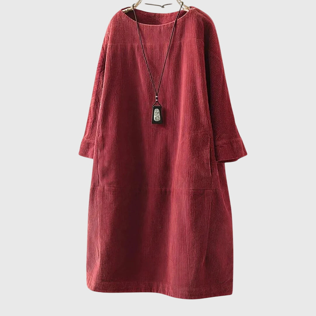 Corduroy Round Neck Long Sleeve Pocket Midi Dress 7