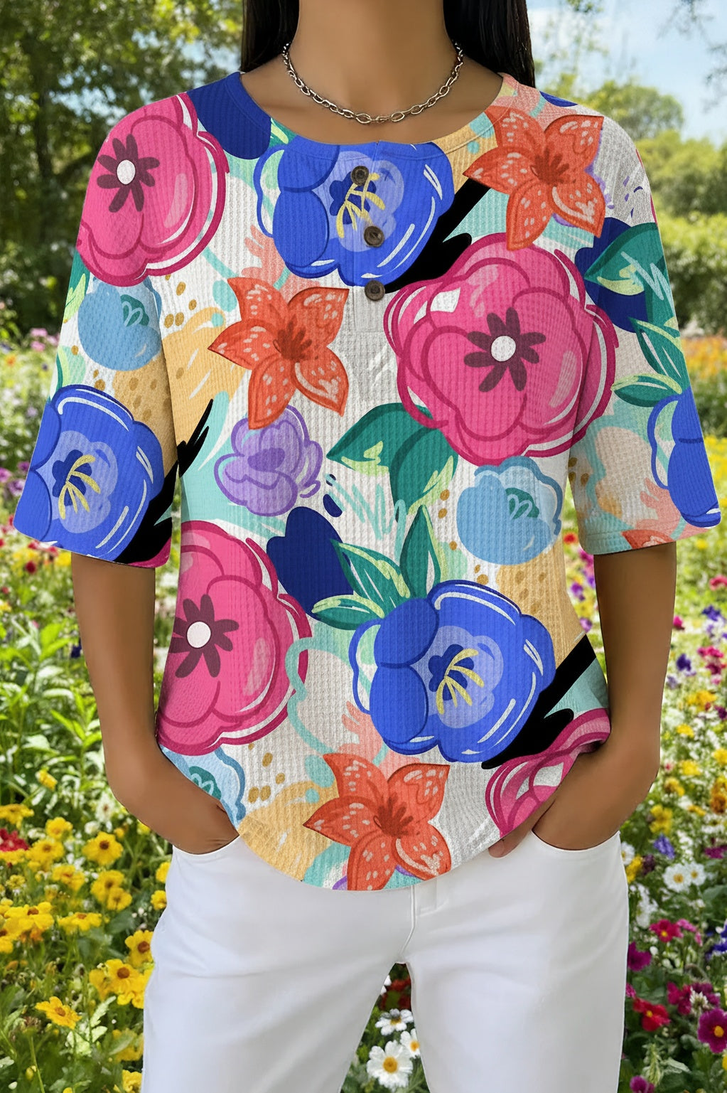 Bold Floral Print Henley Waffle Knit Top