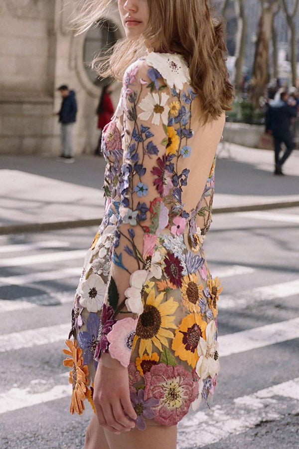 Floral Applique Long Sleeve Sheer Bodycon Mini Dress - View 5