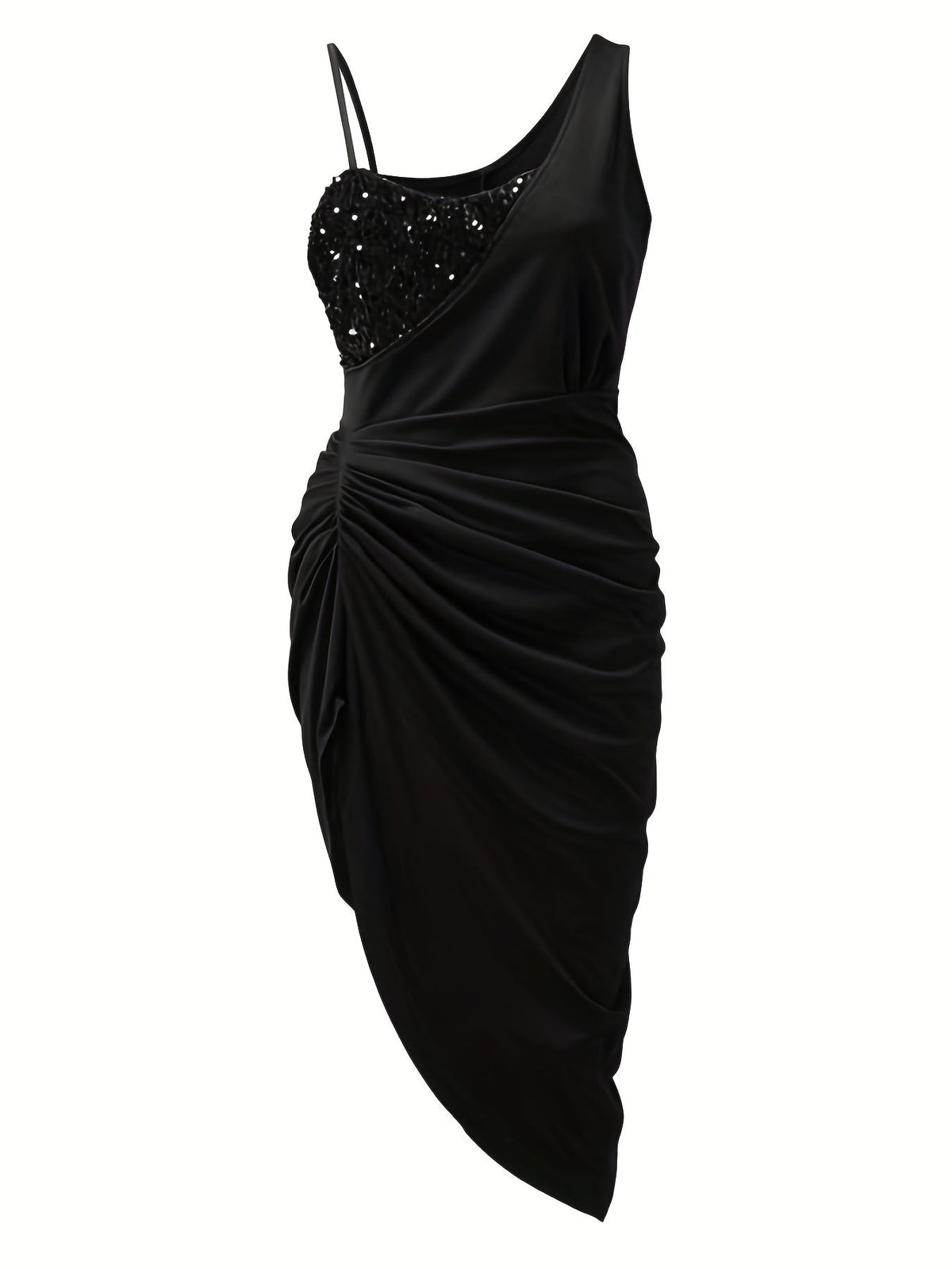 One Shoulder Sequin Panel Ruched Wrap Tulip Hem Cocktail Midi Dress - View 2