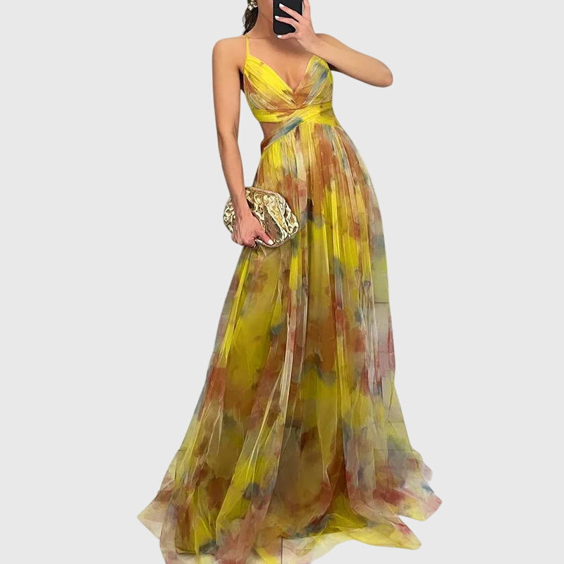 Floral V-Neck Spaghetti Strap Tulle High Split Maxi Gown 7