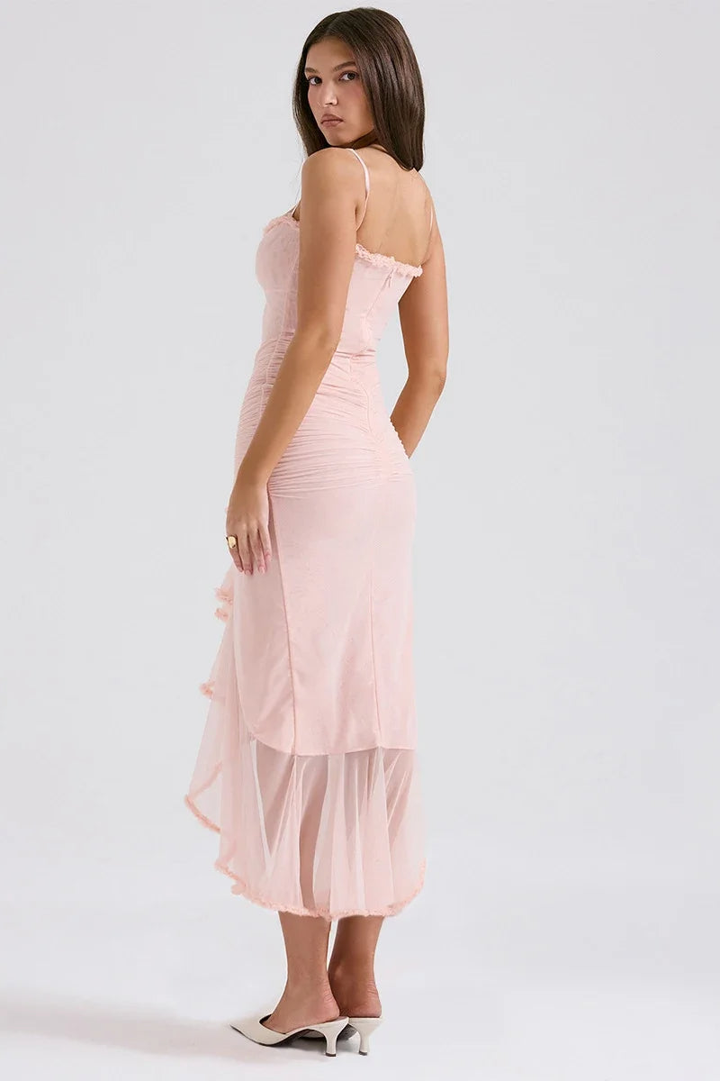 Mesh Spaghetti Strap Ruffle Cut Out High Low Maxi Dress - View 6