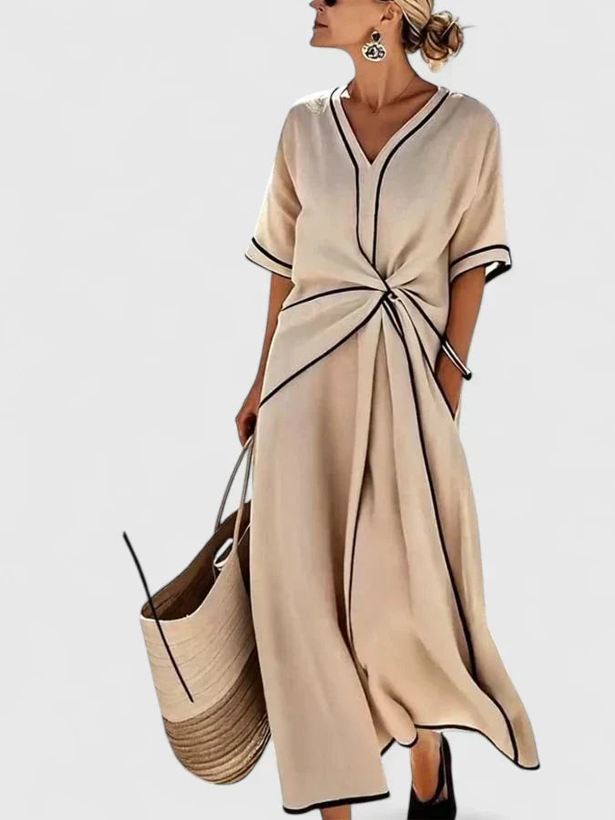 V-Neck Contrast Trim Twist Front Maxi Dress 2