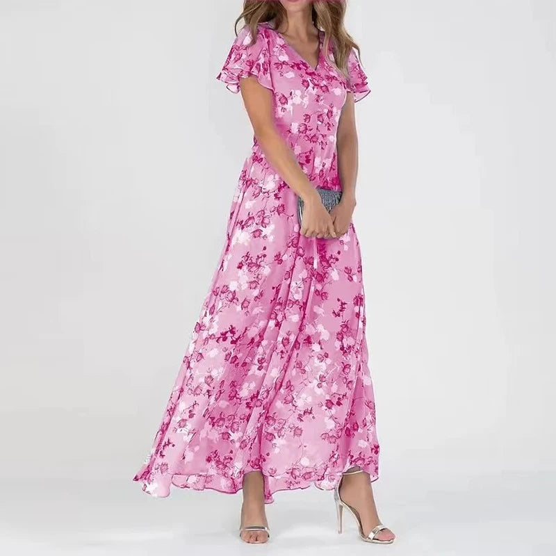 Floral V-Neck Flutter Sleeve High Low Maxi Dress 4