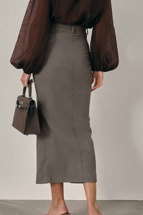 High Waist Front Slit Bodycon Midi Skirt
