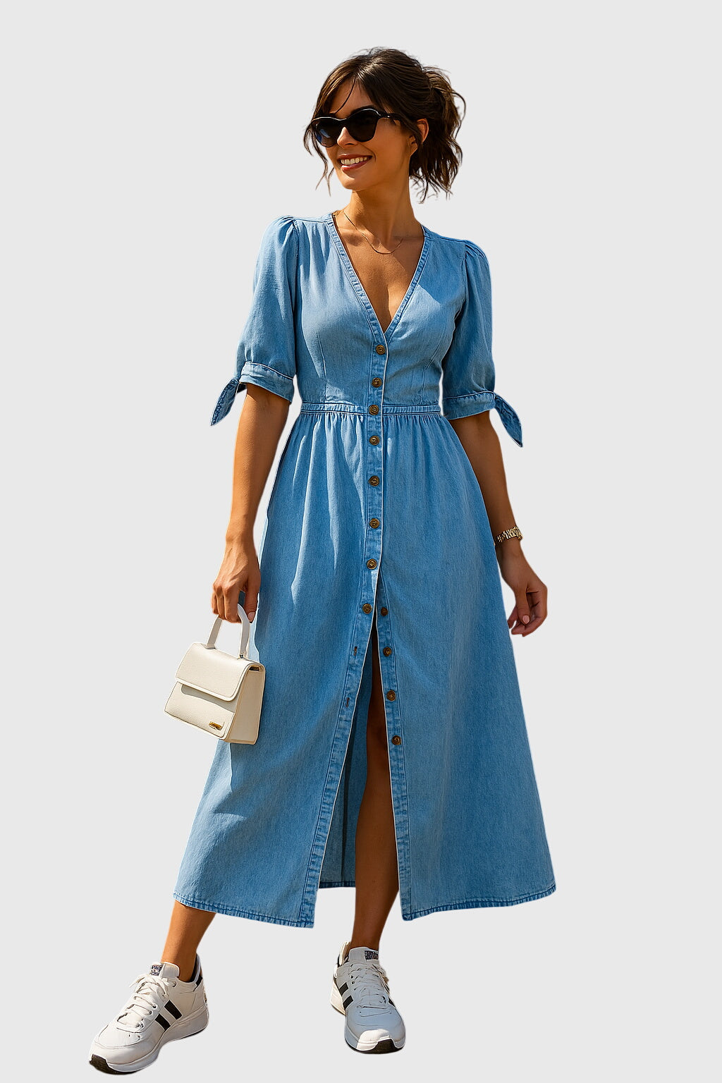 V-Neck Tie Sleeve Button Front Denim Midi Dress