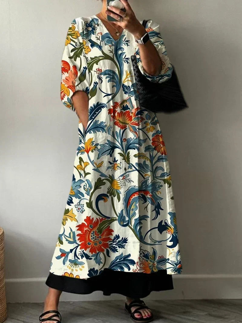 Paisley Floral V-Neck Puff Sleeve Contrast Hem Maxi Dress