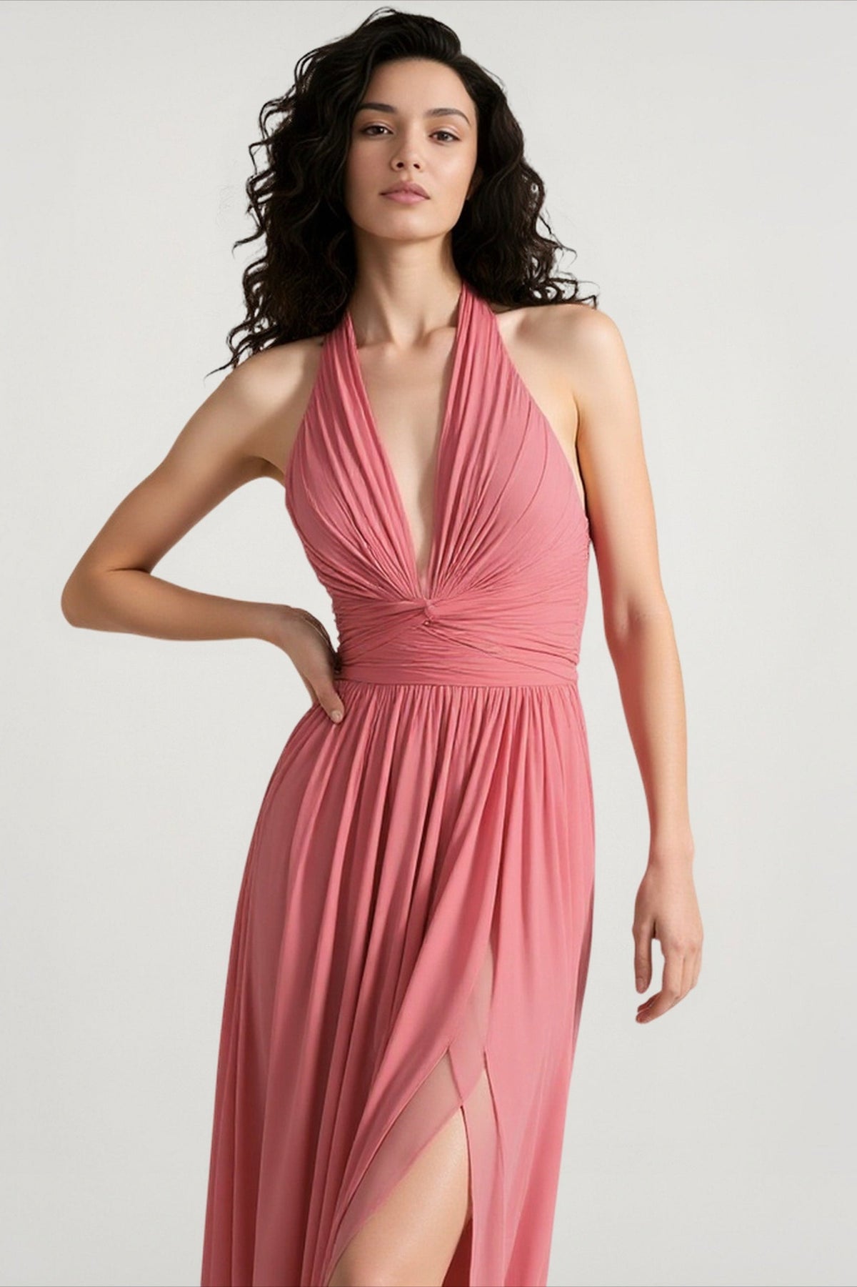 Deep V-Neck Halter Ruched Twist Waist High Split Maxi Gown