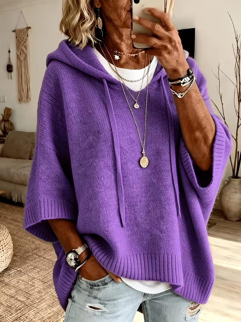 Hooded Drawstring Oversized Knit Poncho Sweater 8