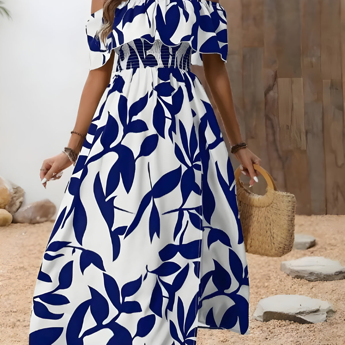 Leaf Print Off Shoulder Ruffle Smocked High Split Maxi Dress 5