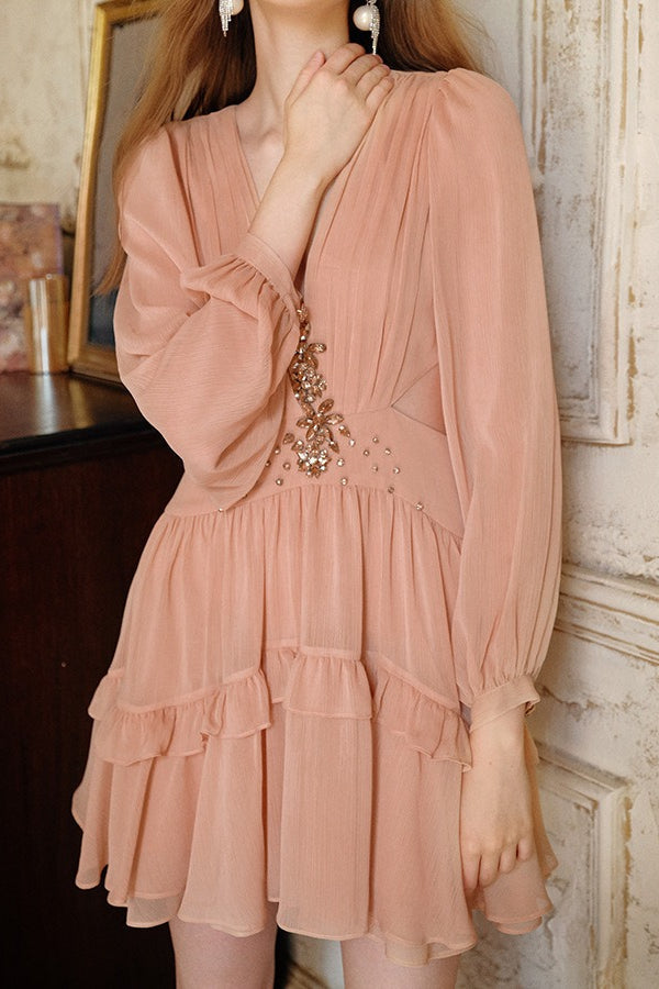 Elegant Deep V Cut Out Waist Rhinestone Chiffon Mini Dress - View 5