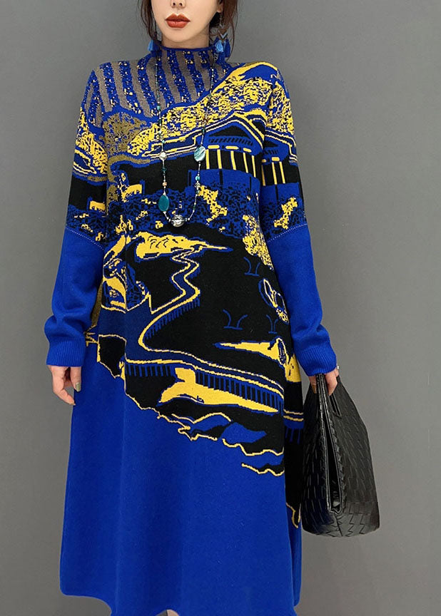 Landscape Graphic Print Mesh Insert Mock Neck Midi Dress - View 5