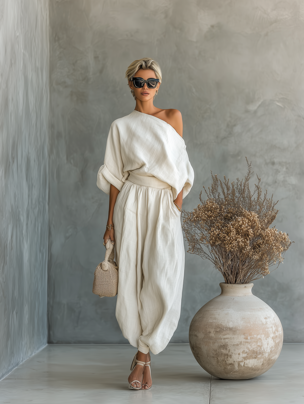 One Shoulder Short Sleeve Top and Wide Leg Pants Two Piece Set 3
