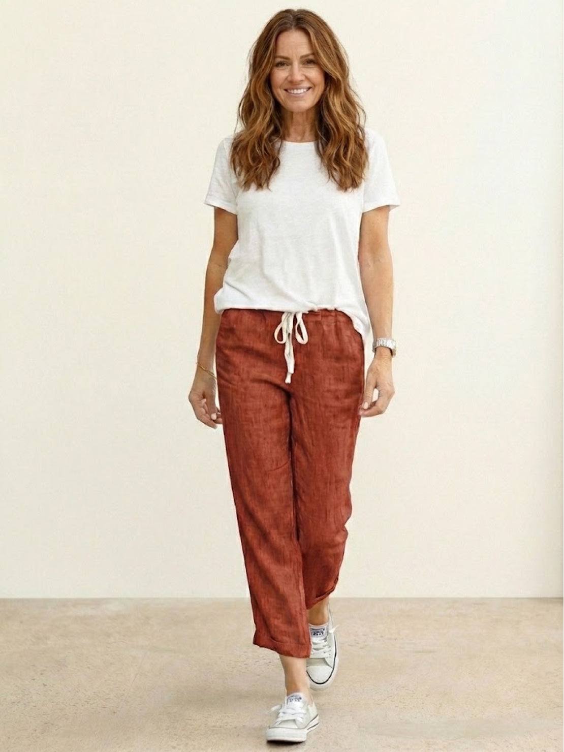 High Waist Drawstring Tapered Linen Pants 12