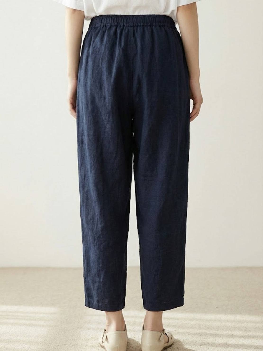 High Waist Drawstring Tapered Linen Pants 15