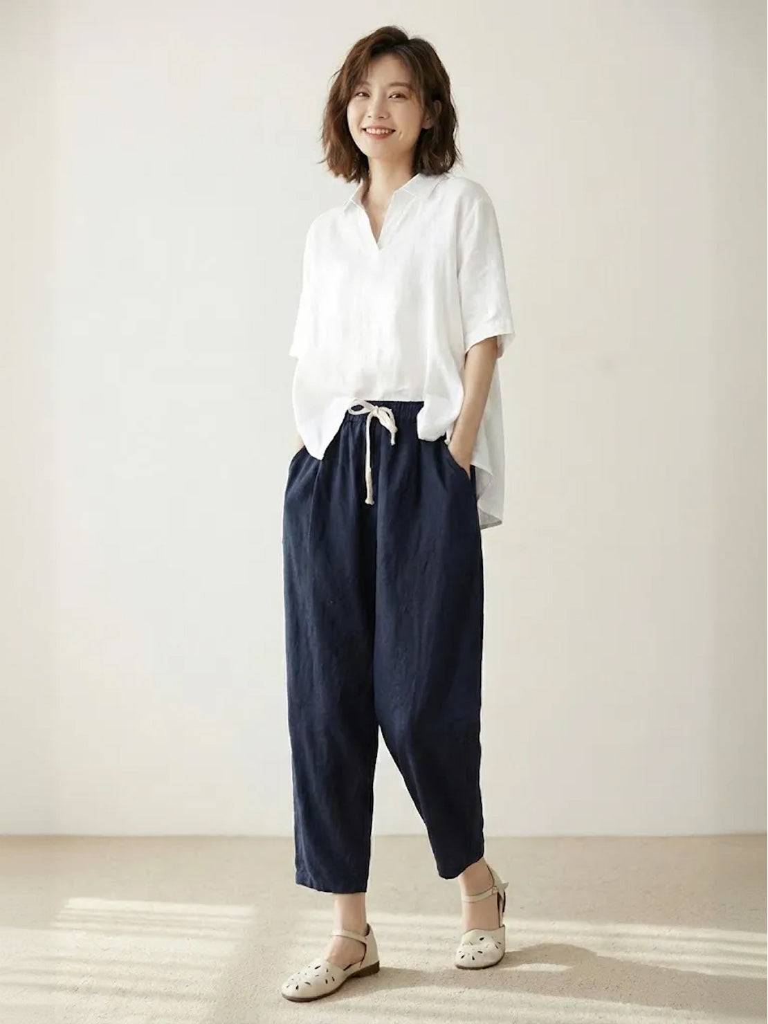 High Waist Drawstring Tapered Linen Pants 16