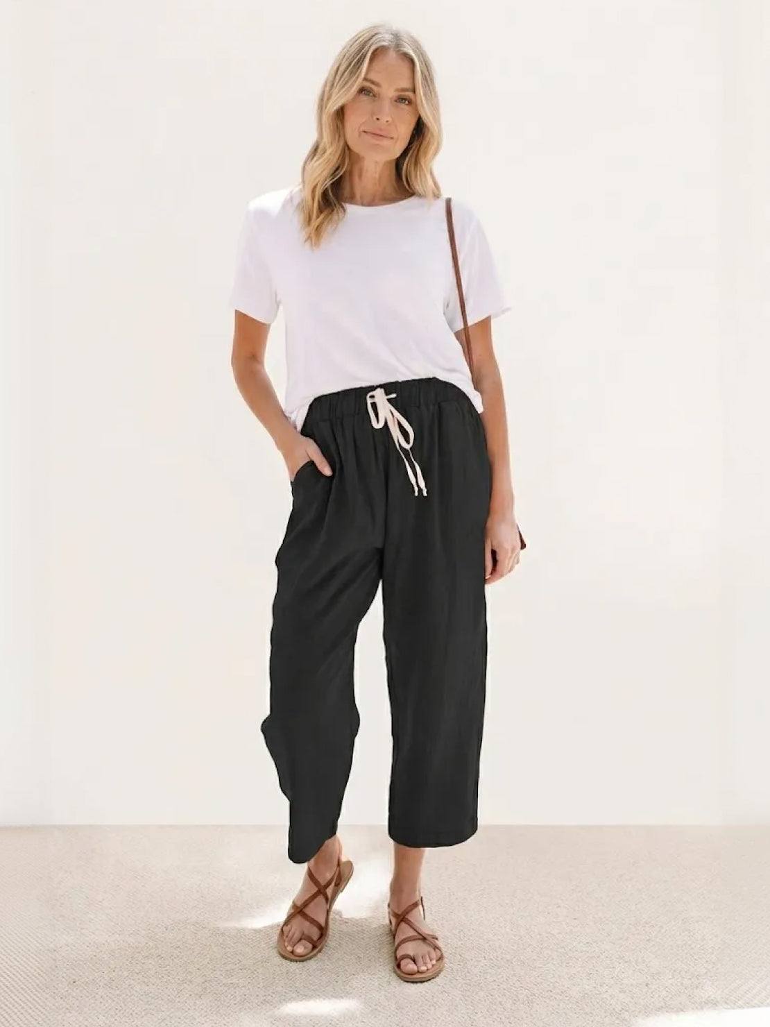 High Waist Drawstring Tapered Linen Pants 17