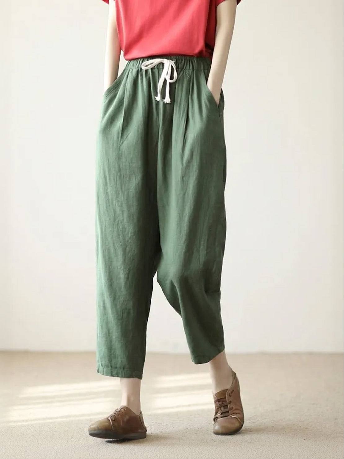 High Waist Drawstring Tapered Linen Pants 26