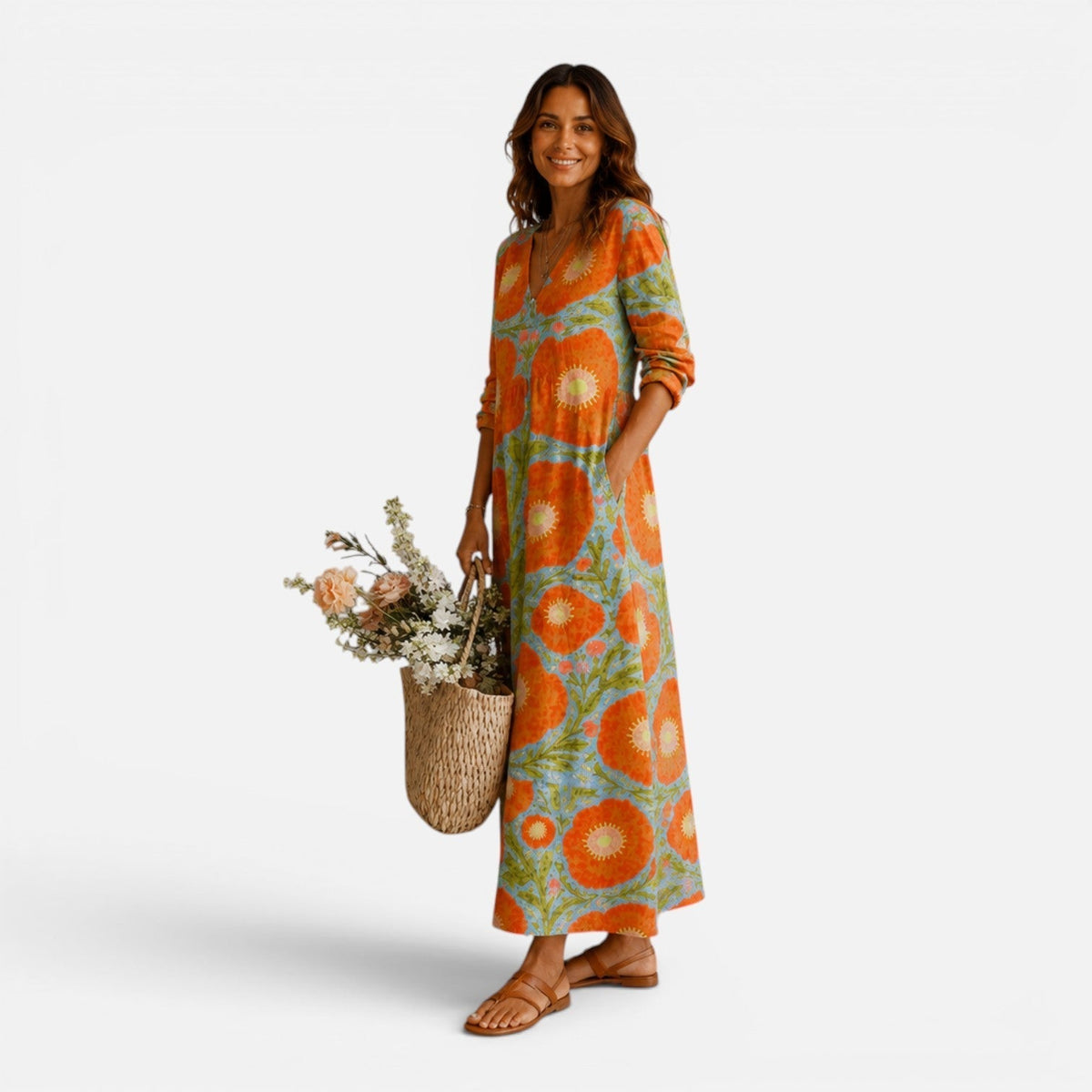 Floral V-Neck Long Sleeve Relaxed Boho Maxi Dress 3