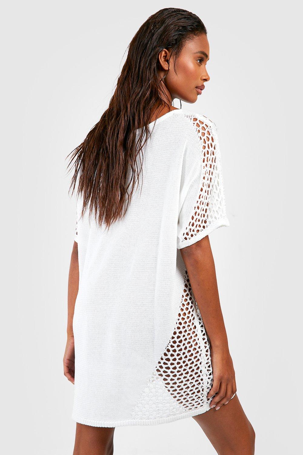 Knit Crochet Panel Short Sleeve Relaxed Mini Beach Dress