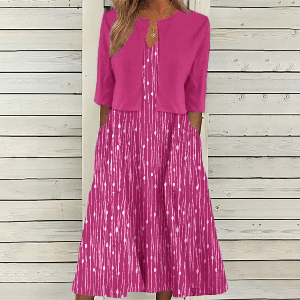 V-Neck A-Line Midi Dress Cropped Cardigan Two Piece Set - View 2