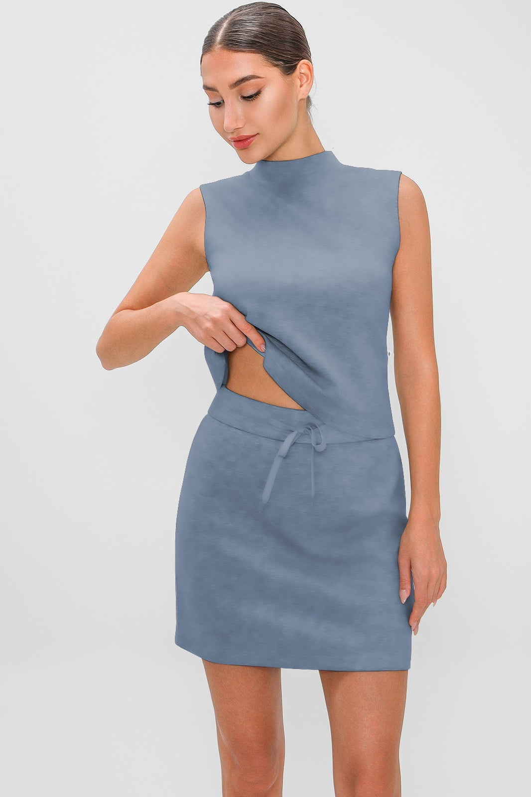 High-Neck Pleated Denim Mini Skort