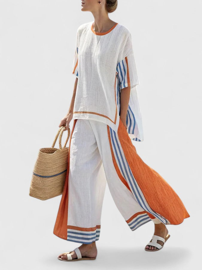 Striped Short Sleeve Top and Wide Leg Pants Two Piece Set 3