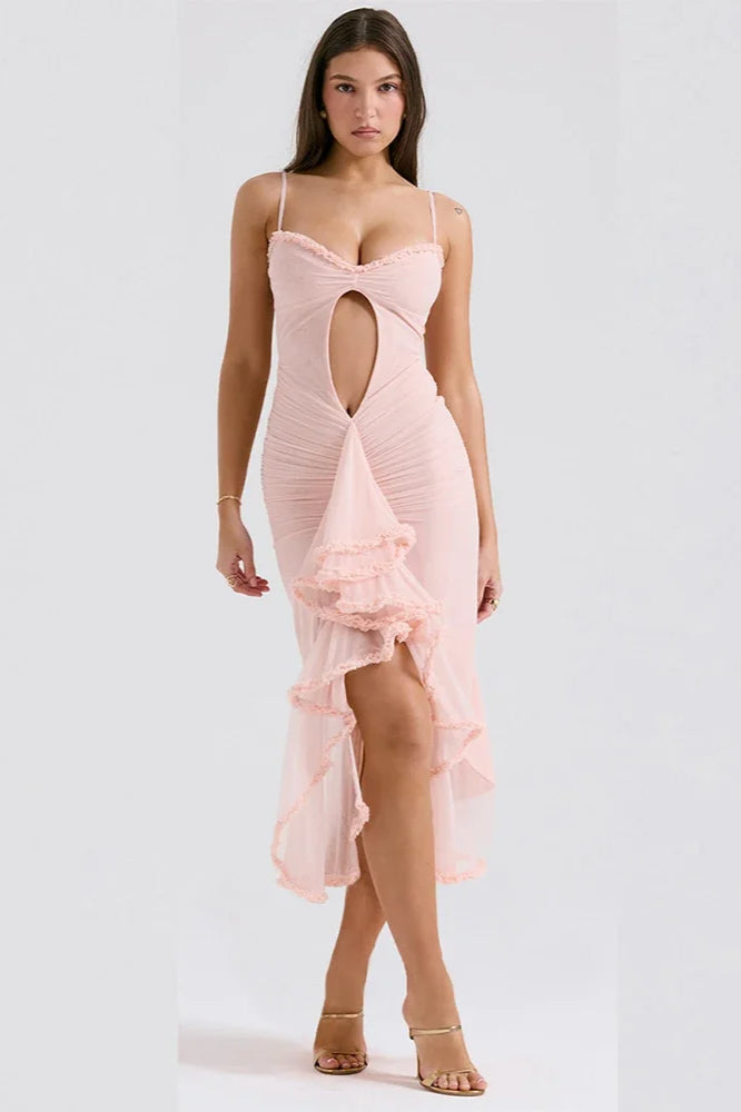 Mesh Spaghetti Strap Ruffle Cut Out High Low Maxi Dress - View 4