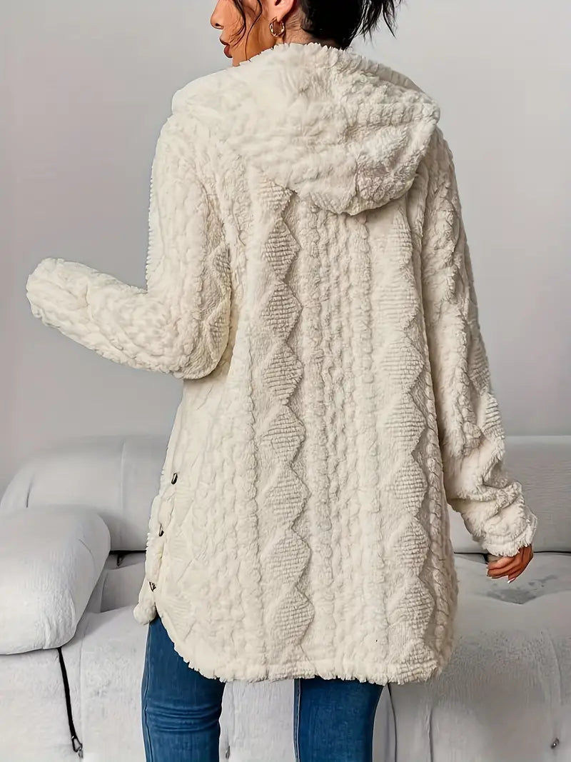 Textured Fleece Hooded Button Front Cardigan Coat 5