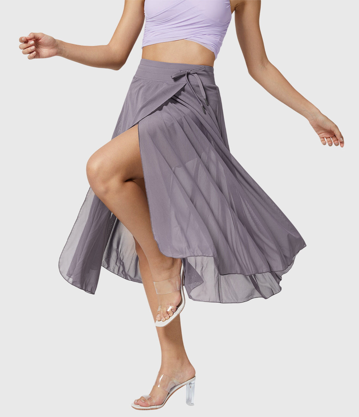 High Waist Drawstring Front Slit A-Line Midi Skirt 10