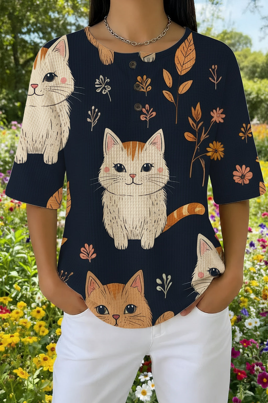 Cartoon Cat Print Round Neck Half Sleeve Button Top
